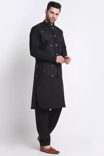 Men Cotton Black Pathani Kurta & Salwar with Black Nehru Jacket