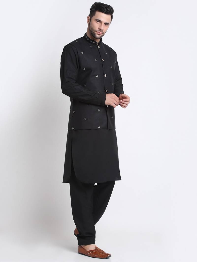 Men Cotton Black Pathani Kurta & Salwar with Black Nehru Jacket