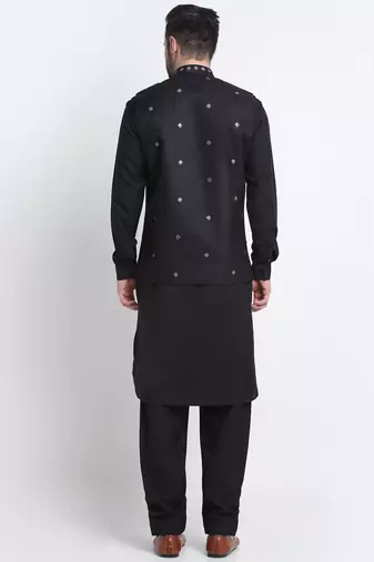 Men Cotton Black Pathani Kurta & Salwar with Black Nehru Jacket