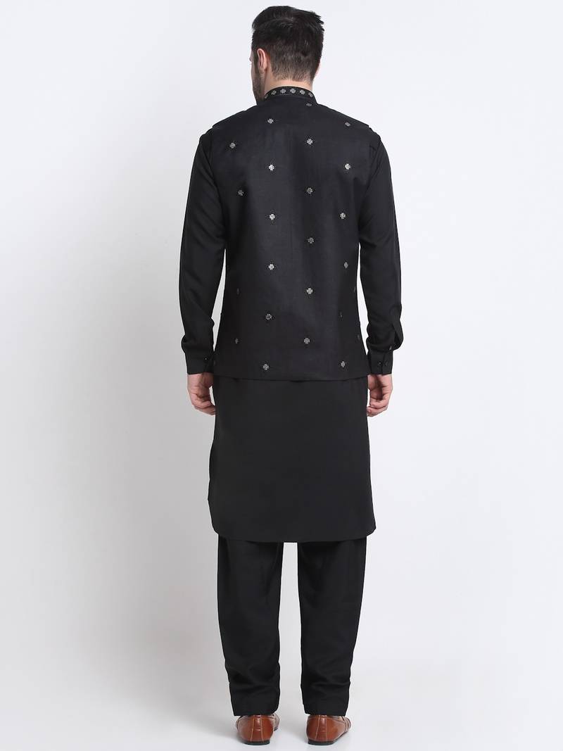 Men Cotton Black Pathani Kurta & Salwar with Black Nehru Jacket