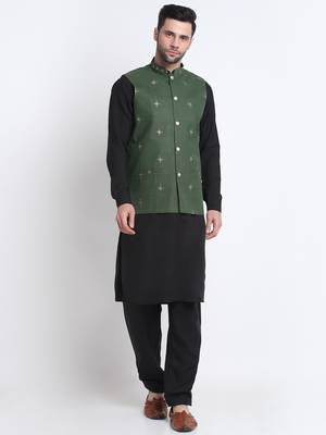 Men Cotton Black Pathani Kurta & Salwar with Green Nehru Jacket 1