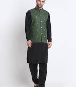 Men Cotton Black Pathani Kurta & Salwar with Green Nehru Jacket