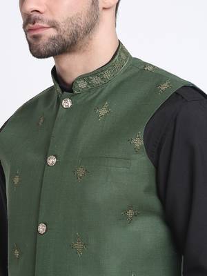 Men Cotton Black Pathani Kurta & Salwar with Green Nehru Jacket 2