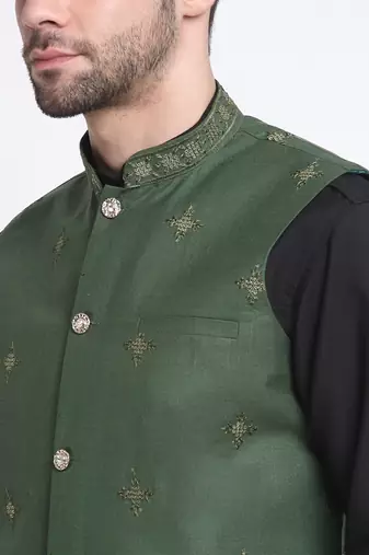 Men Cotton Black Pathani Kurta & Salwar with Green Nehru Jacket