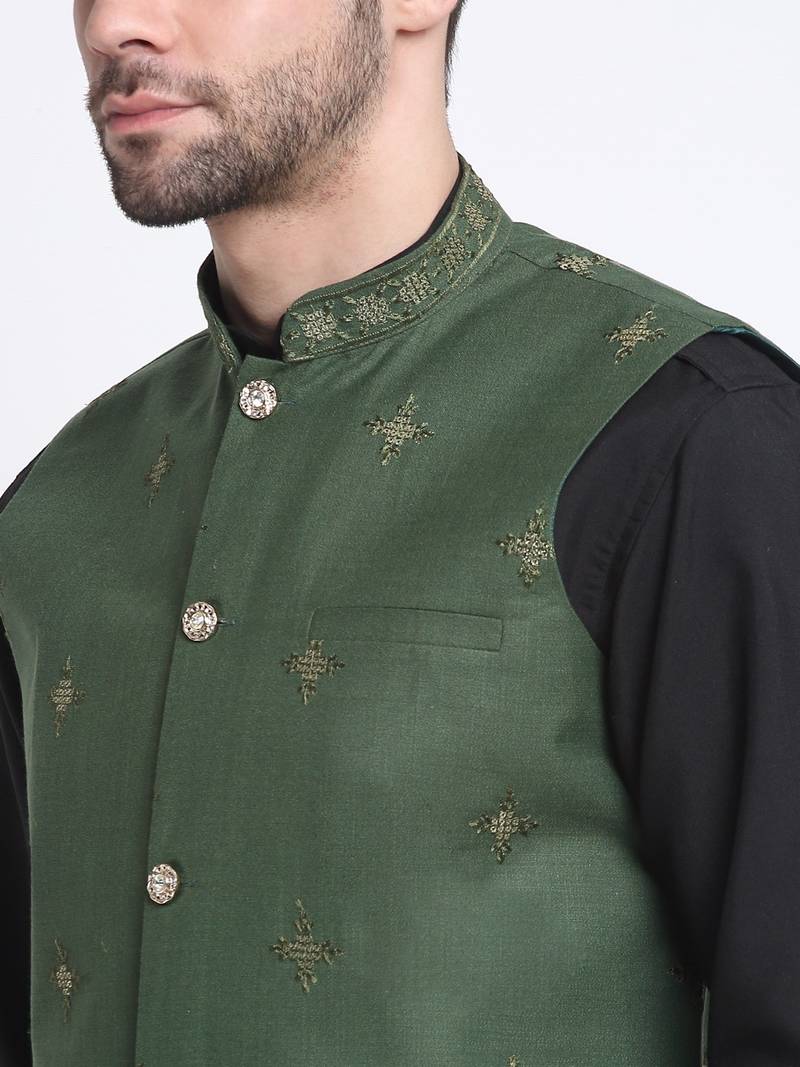 Men Cotton Black Pathani Kurta & Salwar with Green Nehru Jacket