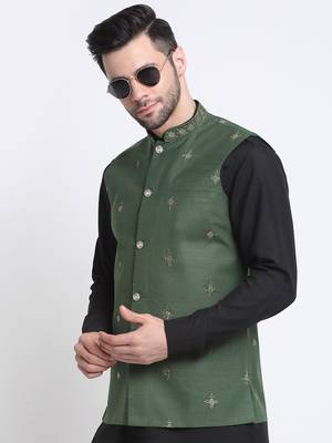 Men Cotton Black Pathani Kurta & Salwar with Green Nehru Jacket 3