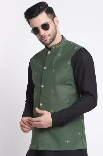 Men Cotton Black Pathani Kurta & Salwar with Green Nehru Jacket