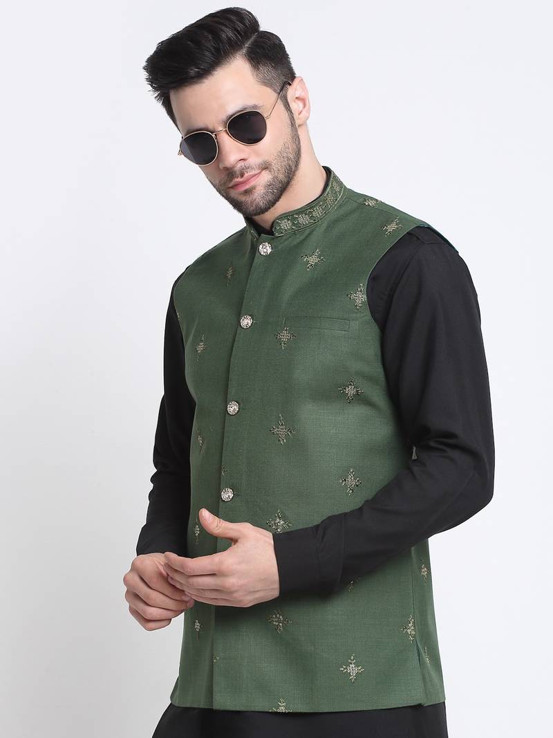 Men Cotton Black Pathani Kurta & Salwar with Green Nehru Jacket