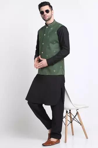 Men Cotton Black Pathani Kurta & Salwar with Green Nehru Jacket