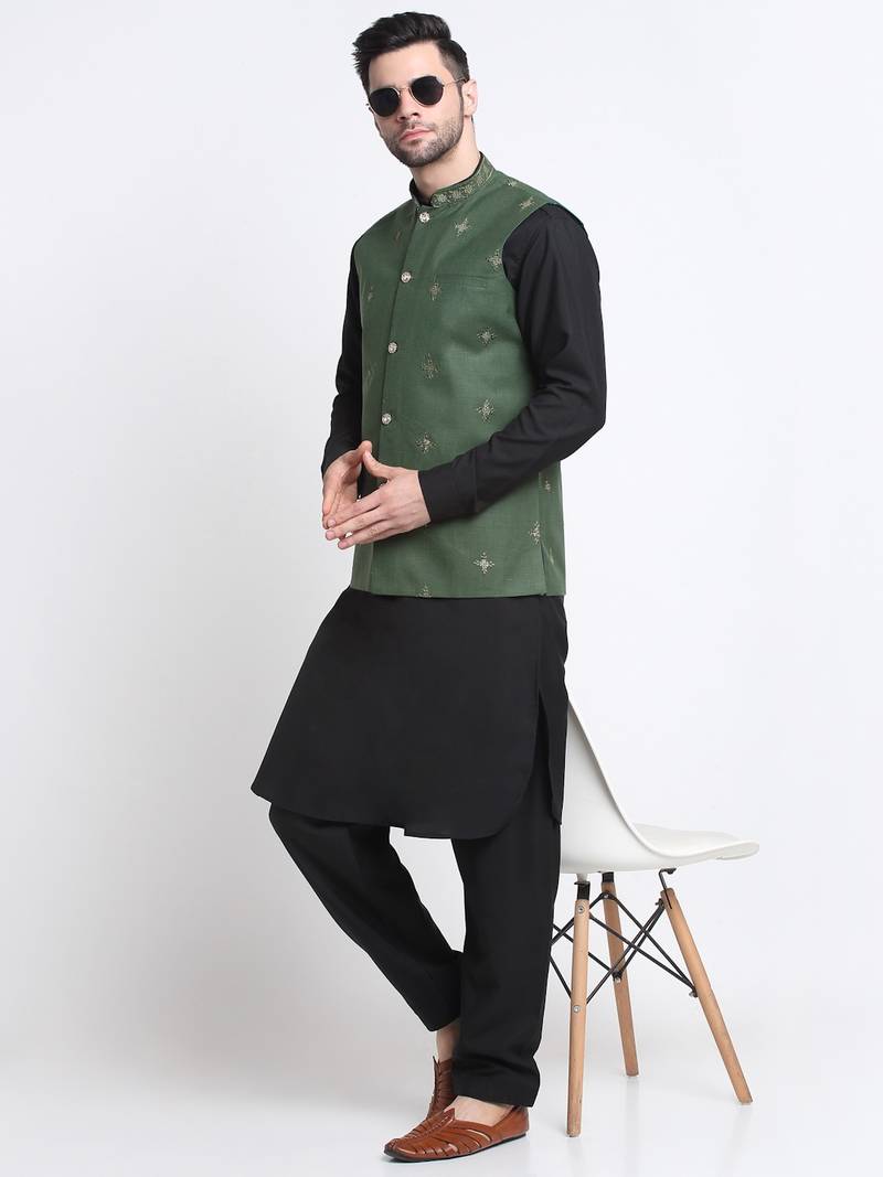 Men Cotton Black Pathani Kurta & Salwar with Green Nehru Jacket