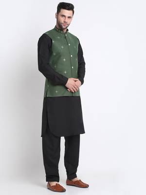Men Cotton Black Pathani Kurta & Salwar with Green Nehru Jacket 5