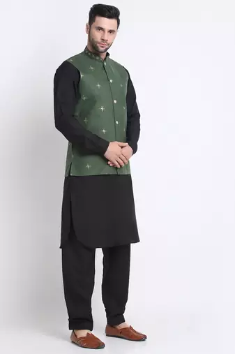 Men Cotton Black Pathani Kurta & Salwar with Green Nehru Jacket