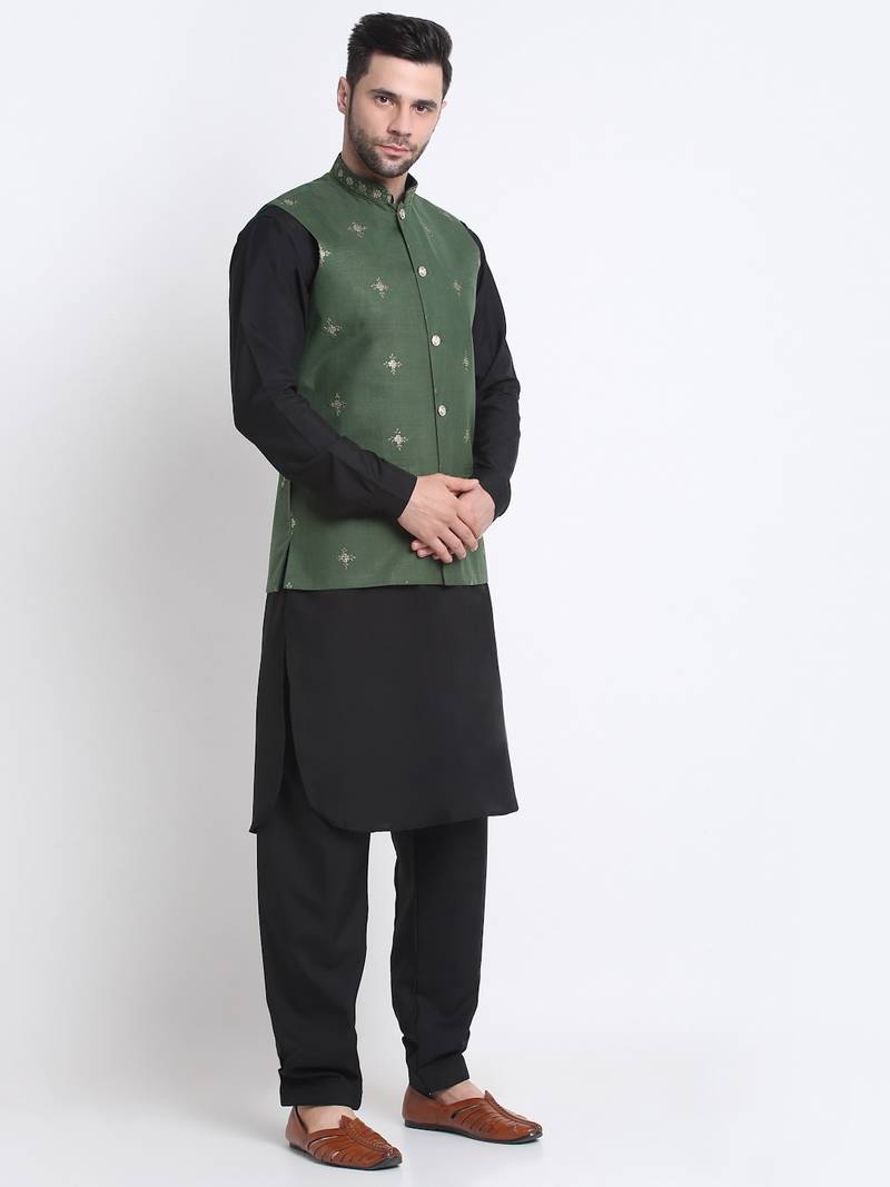 Men Cotton Black Pathani Kurta & Salwar with Green Nehru Jacket