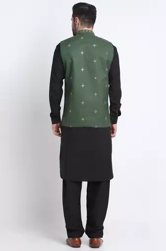 Men Cotton Black Pathani Kurta & Salwar with Green Nehru Jacket