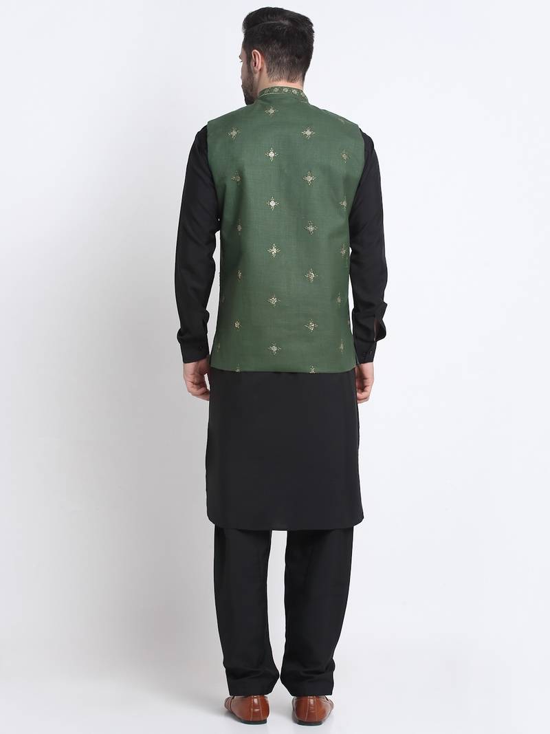 Men Cotton Black Pathani Kurta & Salwar with Green Nehru Jacket