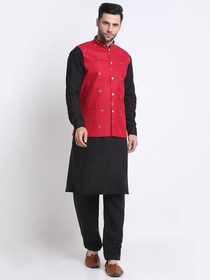 Men Cotton Black Pathani Kurta & Salwar with Red Nehru Jacket 1
