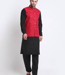 Men Cotton Black Pathani Kurta & Salwar with Red Nehru Jacket
