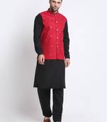 Men Cotton Black Pathani Kurta & Salwar with Red Nehru Jacket