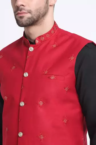 Men Cotton Black Pathani Kurta & Salwar with Red Nehru Jacket