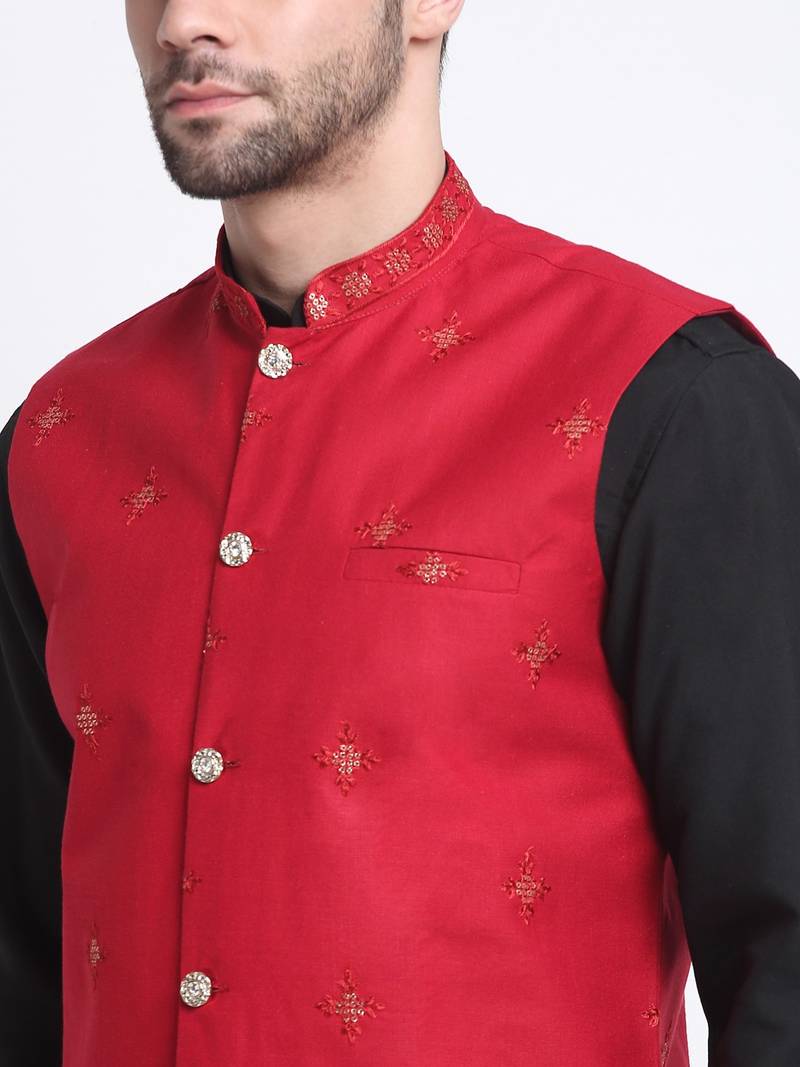 Men Cotton Black Pathani Kurta & Salwar with Red Nehru Jacket