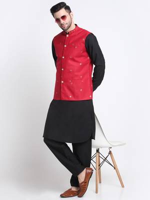 Men Cotton Black Pathani Kurta & Salwar with Red Nehru Jacket 3