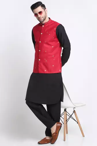 Men Cotton Black Pathani Kurta & Salwar with Red Nehru Jacket