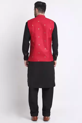 Men Cotton Black Pathani Kurta & Salwar with Red Nehru Jacket