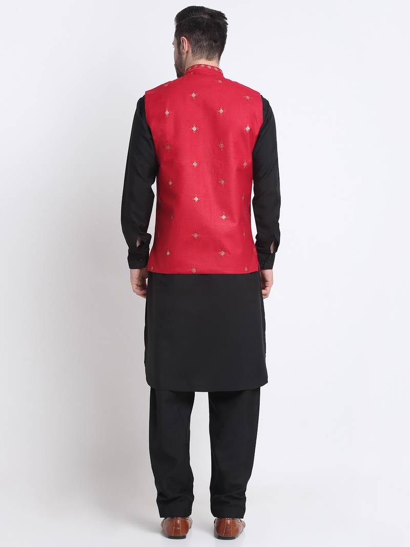 Men Cotton Black Pathani Kurta & Salwar with Red Nehru Jacket