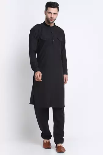 Men Cotton Black Pathani Kurta & Salwar with Red Nehru Jacket