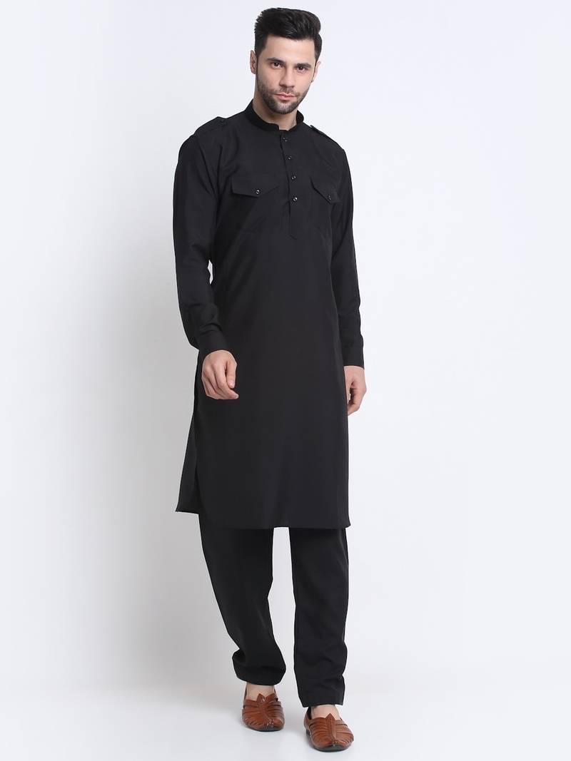 Men Cotton Black Pathani Kurta & Salwar with Red Nehru Jacket