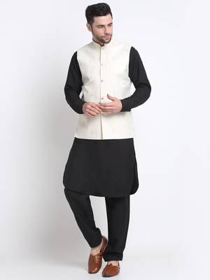 Men Cotton Black Pathani Kurta & Salwar with White Nehru Jacket 1