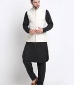 Men Cotton Black Pathani Kurta & Salwar with White Nehru Jacket