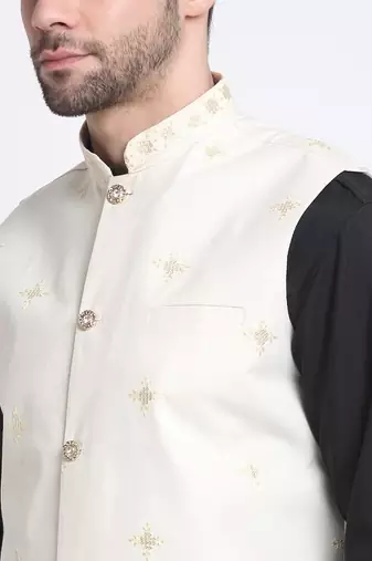 Men Cotton Black Pathani Kurta & Salwar with White Nehru Jacket