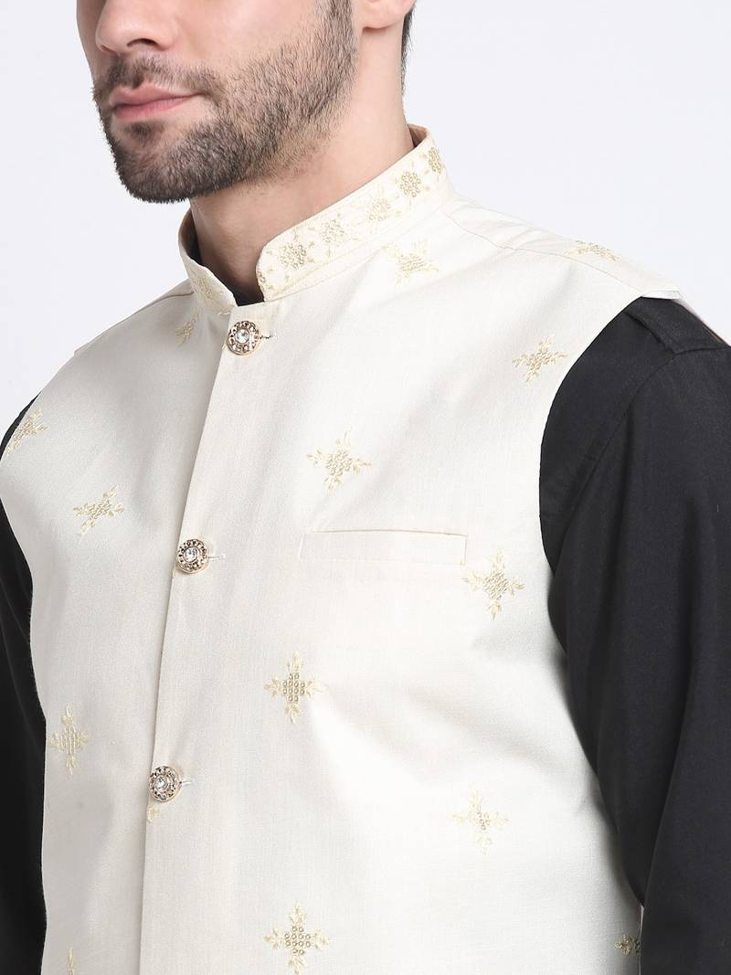 Men Cotton Black Pathani Kurta & Salwar with White Nehru Jacket