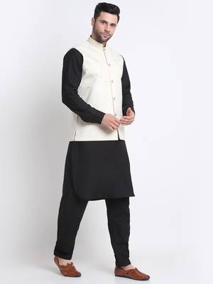 Men Cotton Black Pathani Kurta & Salwar with White Nehru Jacket 3