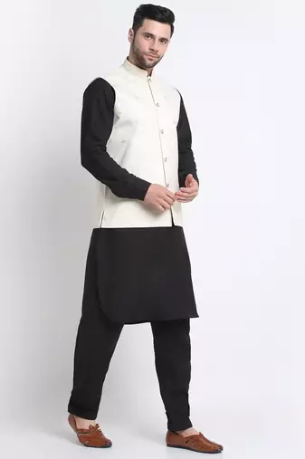 Men Cotton Black Pathani Kurta & Salwar with White Nehru Jacket