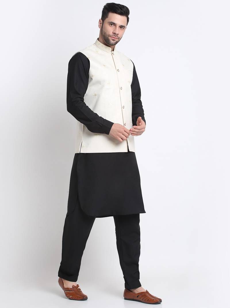 Men Cotton Black Pathani Kurta & Salwar with White Nehru Jacket