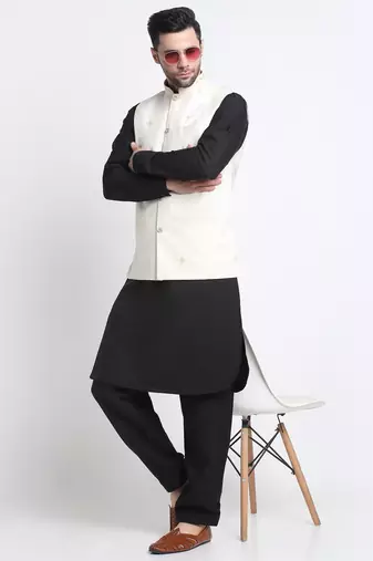 Men Cotton Black Pathani Kurta & Salwar with White Nehru Jacket