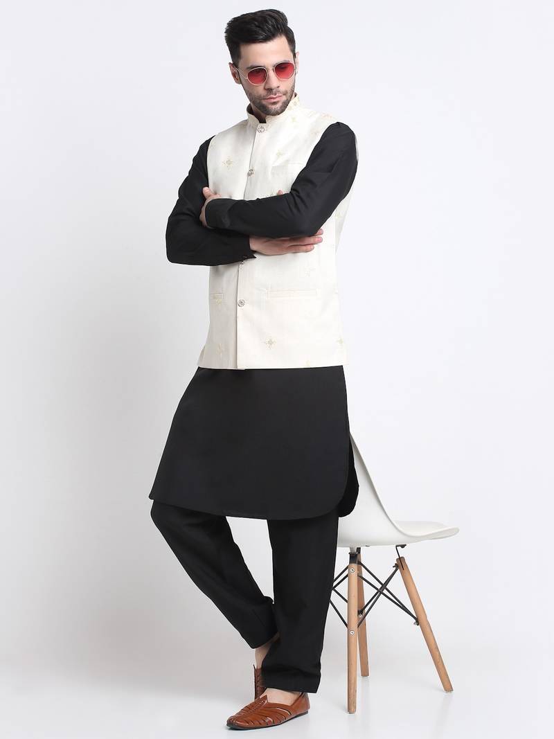 Men Cotton Black Pathani Kurta & Salwar with White Nehru Jacket