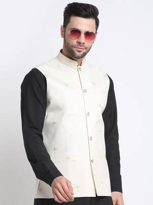 Men Cotton Black Pathani Kurta & Salwar with White Nehru Jacket 5