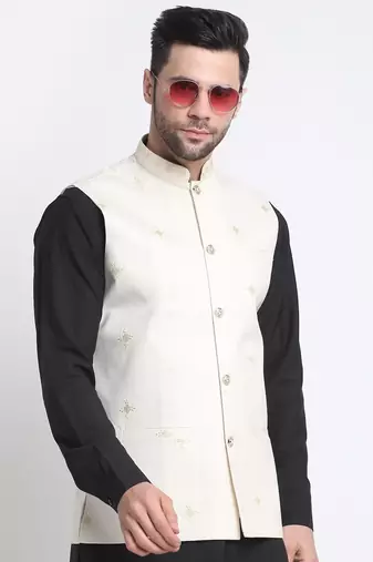 Men Cotton Black Pathani Kurta & Salwar with White Nehru Jacket
