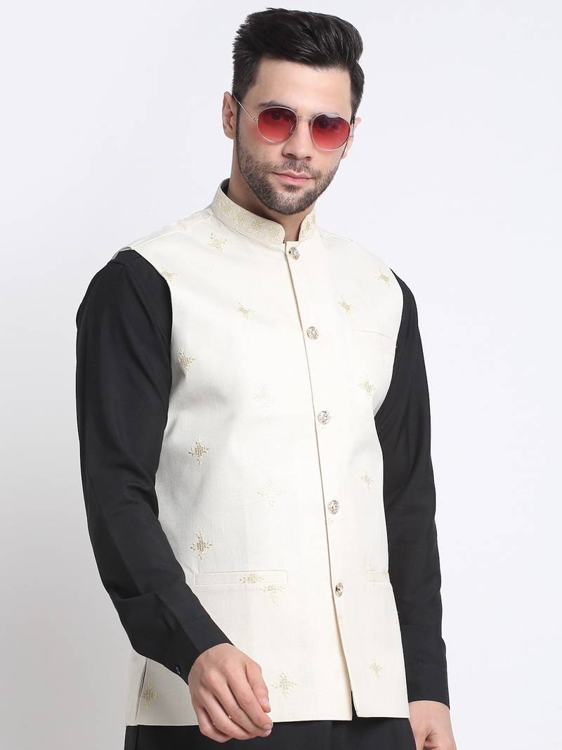 Men Cotton Black Pathani Kurta & Salwar with White Nehru Jacket