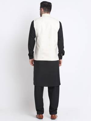 Men Cotton Black Pathani Kurta & Salwar with White Nehru Jacket 6