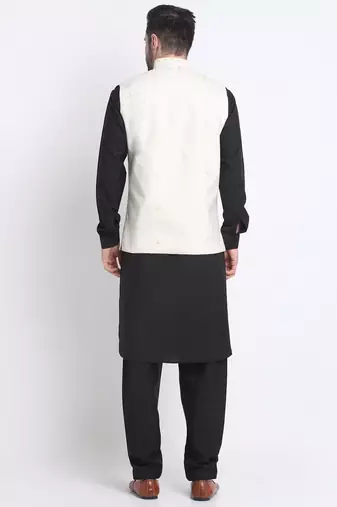 Men Cotton Black Pathani Kurta & Salwar with White Nehru Jacket