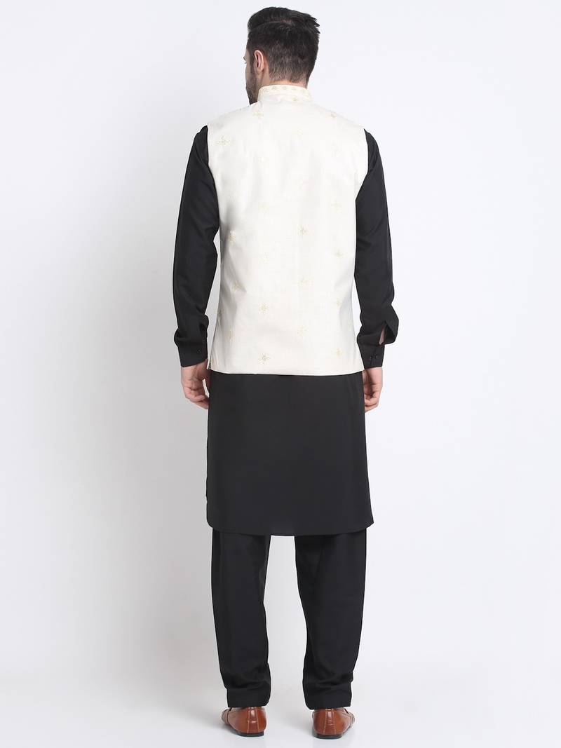 Men Cotton Black Pathani Kurta & Salwar with White Nehru Jacket