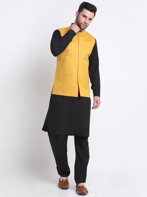 Men Cotton Black Pathani Kurta & Salwar with Yellow Nehru Jacket 1