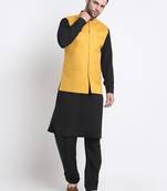 Men Cotton Black Pathani Kurta & Salwar with Yellow Nehru Jacket