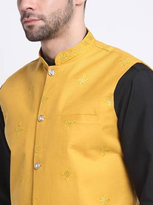 Men Cotton Black Pathani Kurta & Salwar with Yellow Nehru Jacket 2