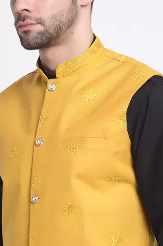 Men Cotton Black Pathani Kurta & Salwar with Yellow Nehru Jacket