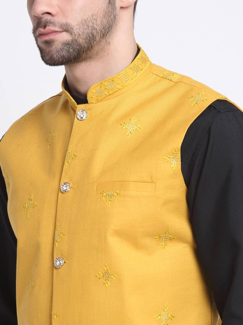Men Cotton Black Pathani Kurta & Salwar with Yellow Nehru Jacket